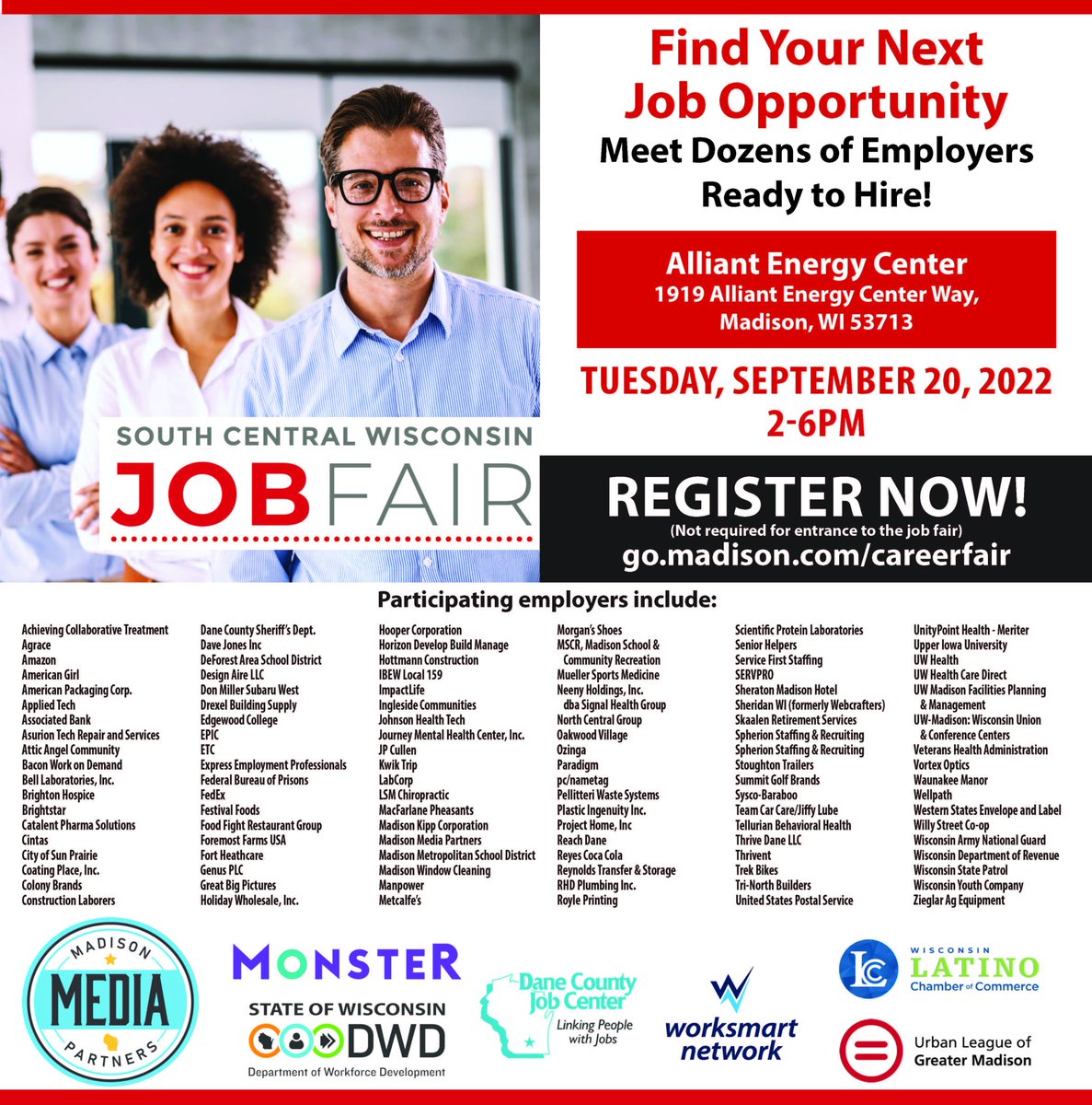 worksmartwi's tweet photo. Join us at the South Central Wisconsin Job Fair on Tuesday, Sept. 20 from 2-6 PM at the Alliant Energy Center (1919 Alliant Energy Center Way, Madison). Registration is not required but encouraged.

https://t.co/lZVqJTR1x4

#WorkforceDevelopmentMonth #WIWorkforce  #JobFair https://t.co/xiL3R4uqM6