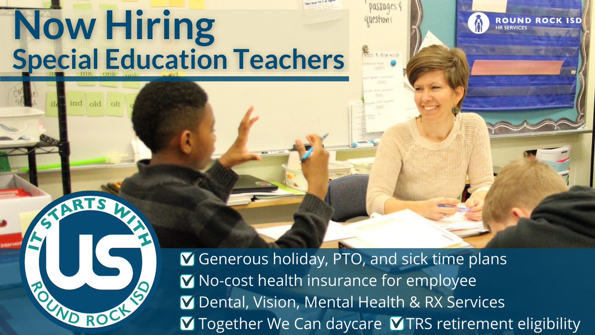RoundRockISD's tweet photo. We're hiring #SPECIALEDUCATION #TEACHERS. 
We have full &amp; part-time positions to fill immediately. Plus, we're offering letters of intent for the Spring. 
APPLY: https://t.co/L8qtTDdcrZ.  
Ask us about helping you get #SPED certified?
#ItStartsWithUs #careersineducation https://t.co/TRpfv6xBBR