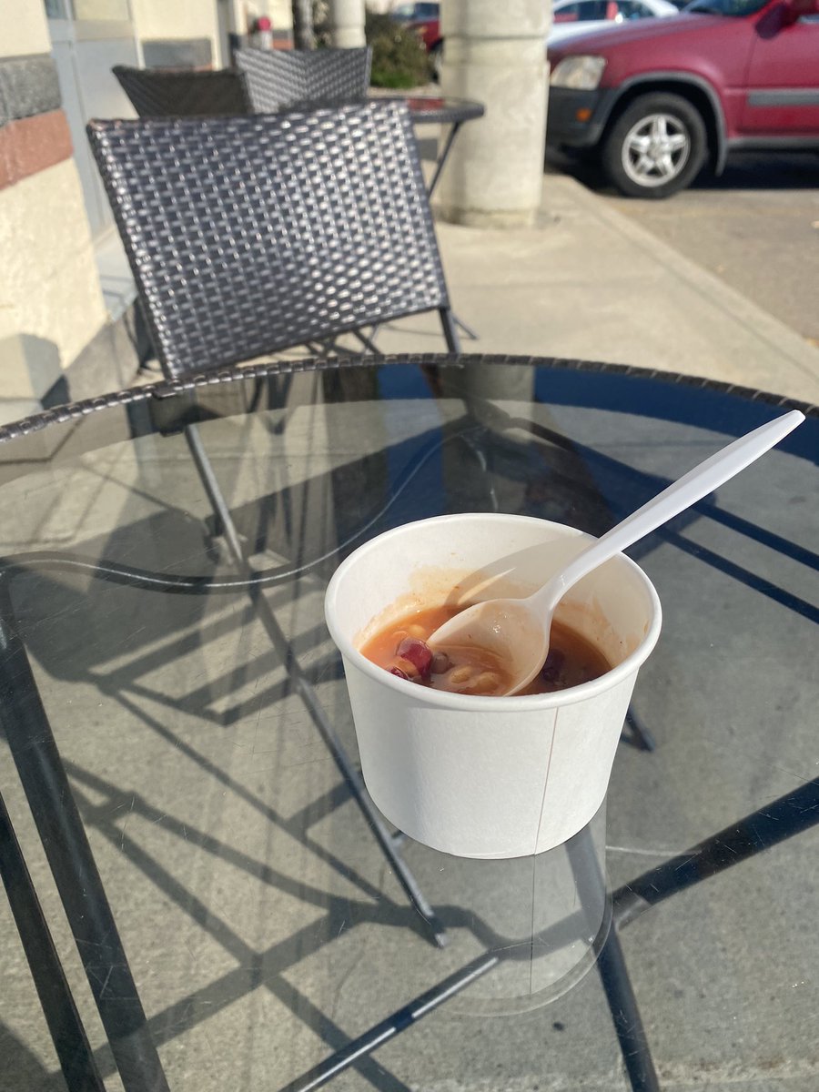 Enjoying the few remaining summer days at the <a href="/Fifendekel/">Fifendekel</a> outside tables. Bean Medley soup with a splash of hot sauce. But fall is coming so there is no time like today to preorder your pumpkin pies. 780-465-4444 #yeg