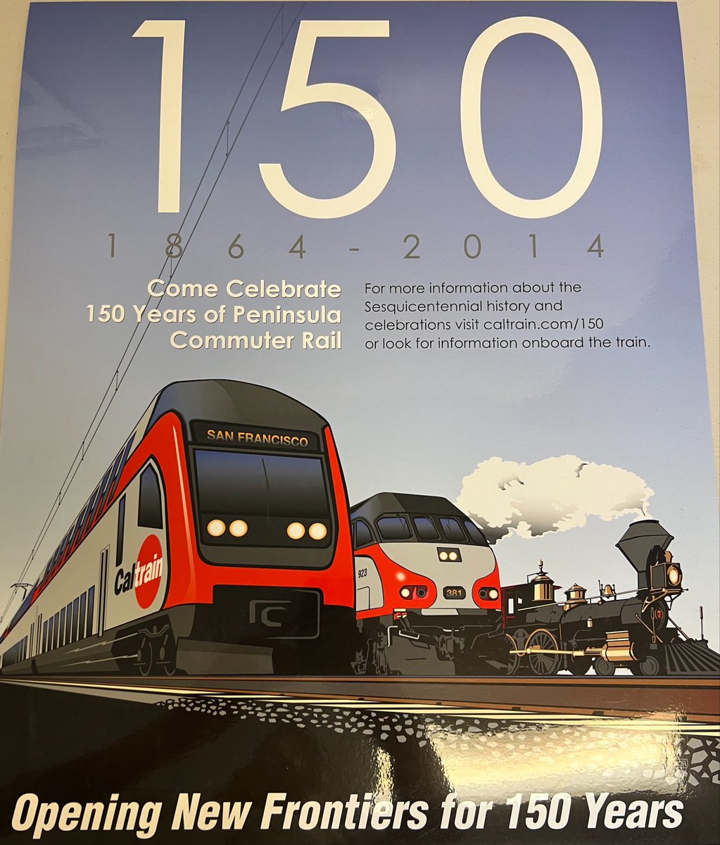 Caltrain's tweet photo. How about a little prize Friday/#Caltrivia?
In what year did the first train run on the Peninsula Commute line now known as Caltrain?
Reply below. Will randomly select person from all correct answers, ends Noon today. Get this 150th Anniversary poster. https://t.co/ciEtClSLmz