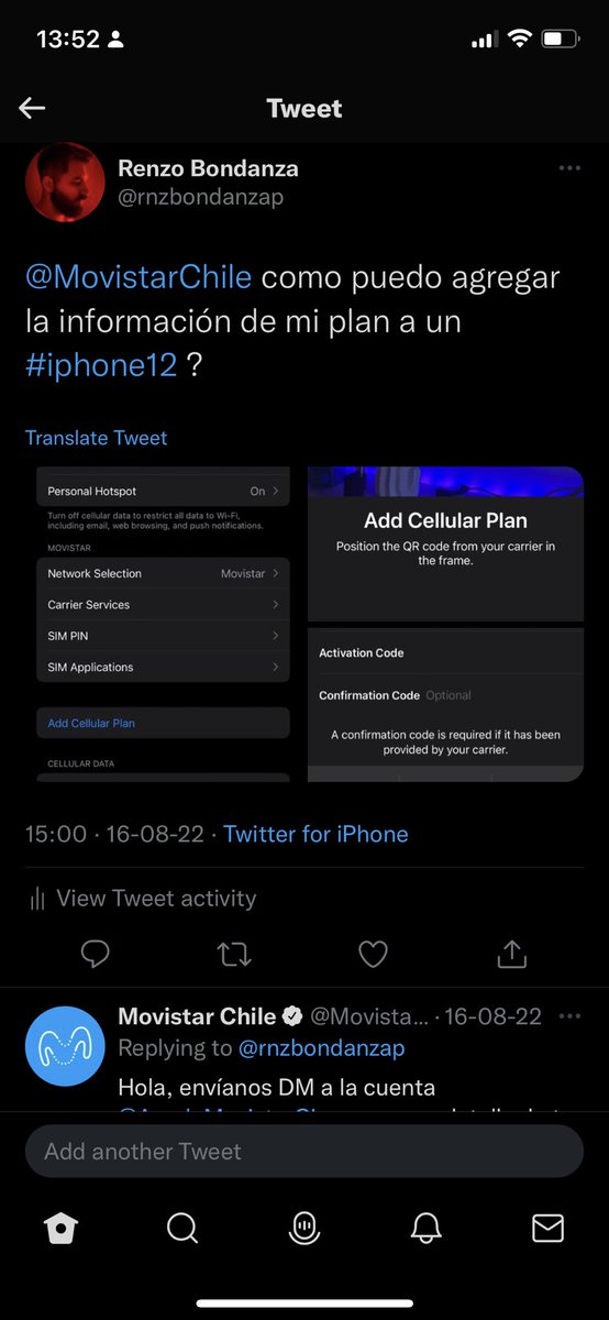 rnzbondanzap's tweet photo. @AyudaMovistarCL  como agregó info de mi plan a un iPhone 12 https://t.co/sxnvcKCB3C