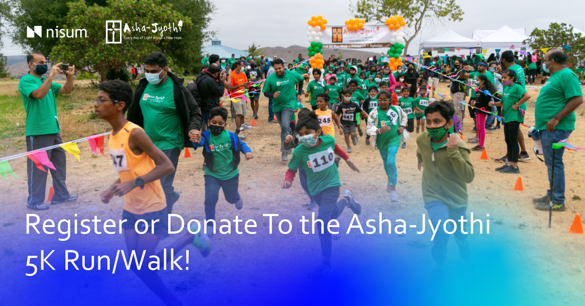 Join Nisum in registering for <a href="/asha_jyothi/">Asha Jyothi</a>'s 14th Annual 5k Run/Walk to support access to education and healthcare for underprivileged communities. The run/walk is a family event taking place in Fremont, CA this Sunday, Sept 18. bit.ly/3BzW2qR