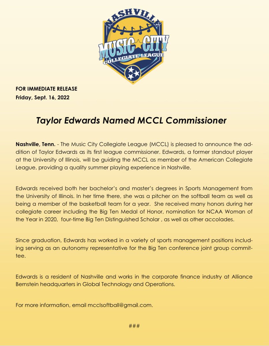 scclsoftball's tweet photo. FOR OFFICIAL RELEASE:
Please welcome Taylor Edwards, named the 2023 Music City Collegiate League Commissioner. Welcome Taylor! 🎶🎸
@ttaylor_edwards @ACLcollegiate @ExtraInningSB @JustinsWorldSB @D1Softball @IlliniSB https://t.co/jYNCcM8bU1