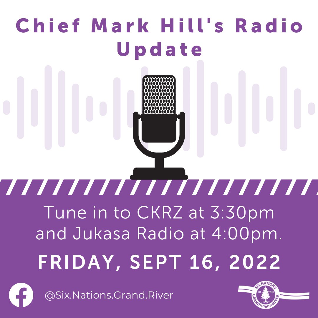 Don't forget to tune in to Chief Mark Hill's weekly radio update this afternoon! Tune in to Jukasa Radio (93.5FM) at 3:30 and CKRZ FM (100.3FM) at 4:00 to listen.