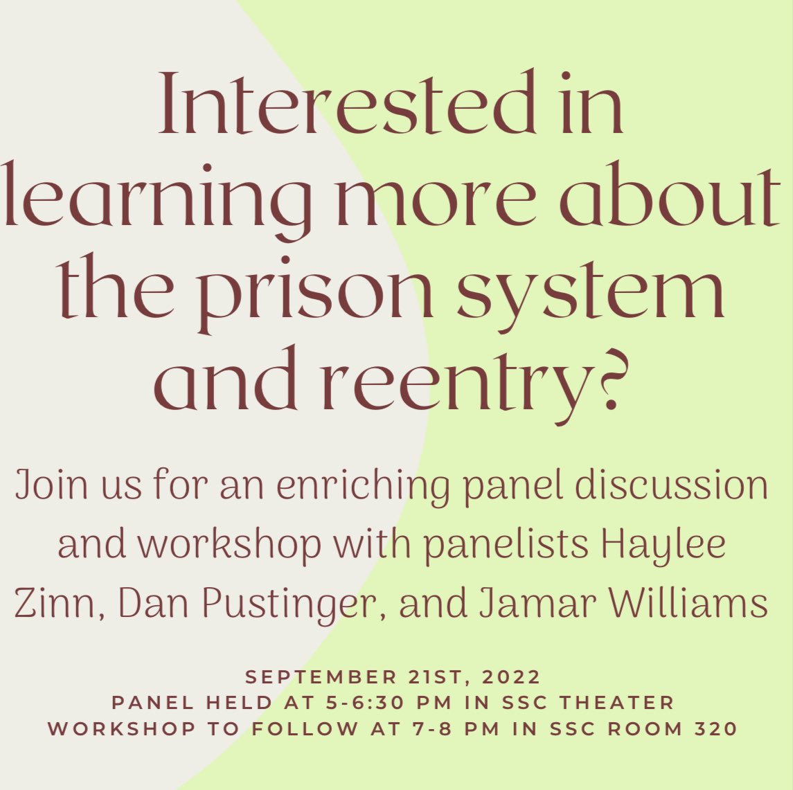 Hope to see you at our first event of the semester, this Wednesday, September 21st from 5-6:30 PM (SSC theater) and for the workshop to follow from 8-9 PM (SSC Room 320)!