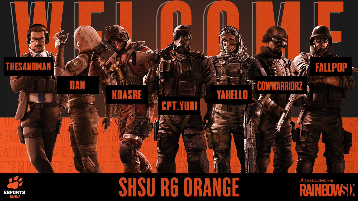 ANNOUCEMENT TIME! SHSU Esports is proud to present our Fall 2022 Rainbow 6 Siege Roster! Give it up for R6 Orange! A great lineup of topnotch players! We can't wait to see them compete. Congrats!
#EatEmUpKats