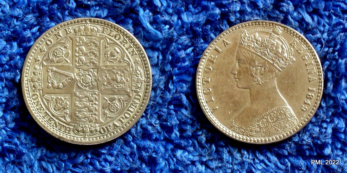 Britain Decimal Coin 1849.
The first Florin, one tenth of a Pound.
Missing country name &amp; Dei Gratia.