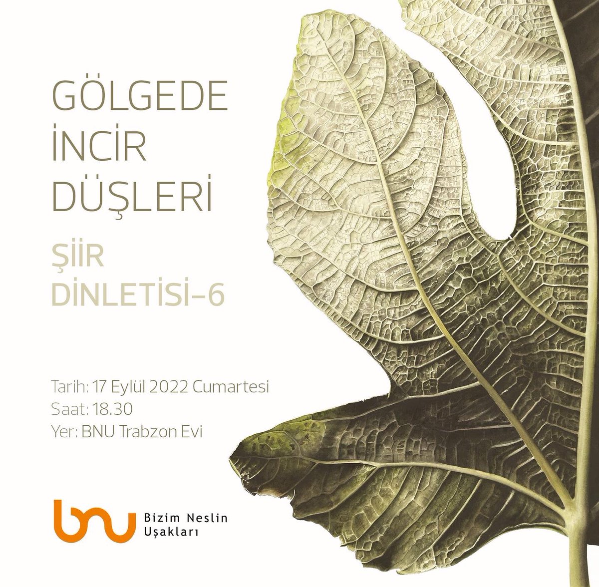 BNU20140802's tweet photo. Geleneksel hale getirdiğimiz “Gölgede İncir Düşleri” şiir dinletimizin 6. sını 17 Eylül Cumartesi günü ( yarın ) 
Saat: 18.30 da Trabzon BNU Evi’nde gerçekleştireceğiz.
Etkinliğimize davetlisiniz.🍁

Sunum: Yasemin Uzun @uzunyas 
Müzik: Mezzo Forte Trio
@mezzoforteart https://t.co/QmU8jG6SVb
