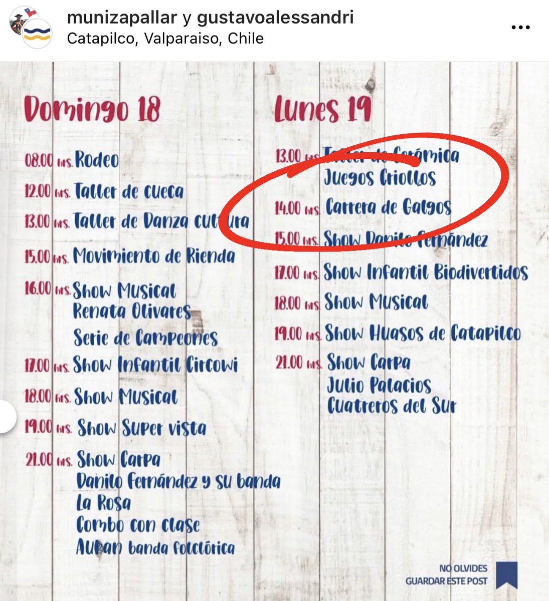 El programa de fiestas patrias de la <a href="/MuniZapallar/">Muni Zapallar</a> incluye la explotación
animal!! Habrán carreras de galgos en su fiesta costumbrista. Hasta cuando seguimos permitiendo que el abuso animal sea disfrazado de tradición?  <a href="/galgoschile/">Fundacion Galgos Chile</a> <a href="/galgolibrecl/">@GalgoLibreCL</a> <a href="/Felixecologista/">Félix González</a> <a href="/FundacionApla/">Fundación APLA</a>