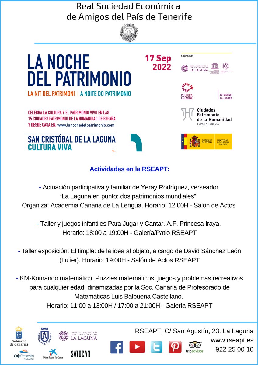 Nuestras actividades para mañana en #LaNochedelPatrimonio <a href="/GrupoCPHE/">Ciudades Patrimonio</a> <a href="/CulturaLaLaguna/">Cultura La Laguna</a> <a href="/PatrimonioHLL/">Patrimonio Histórico La Laguna</a>