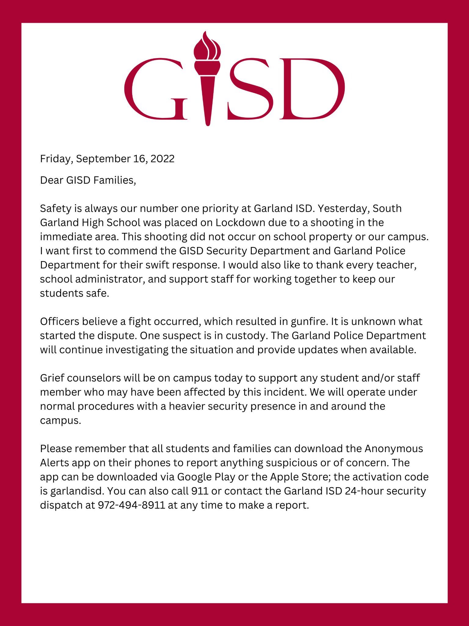 Garland ISD on Twitter "Update on the South Garland High School