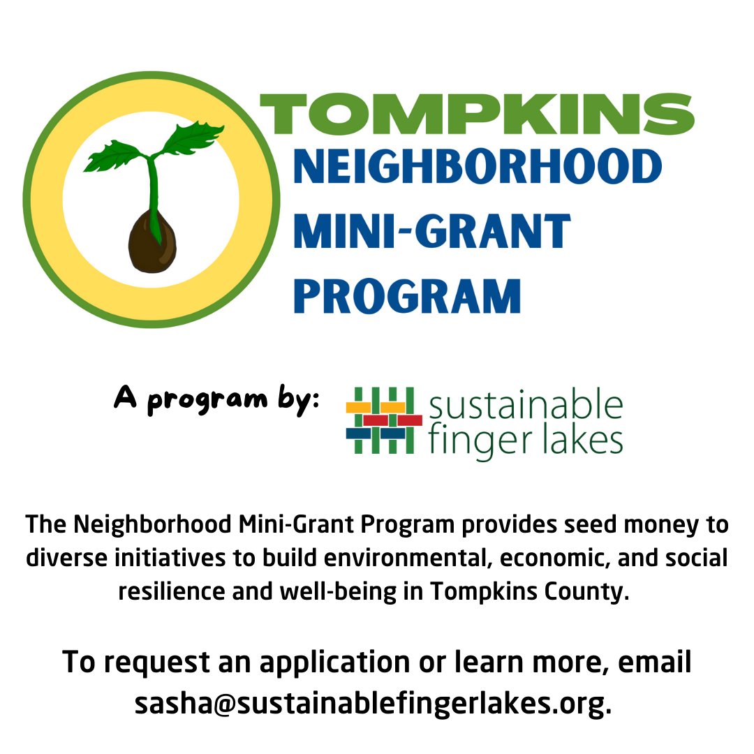 Do you have an idea for a project to make our community more sustainable, resilient, or inclusive? Need a little help in covering the costs? We're accepting applications for Neighborhood Mini-Grants, due October 1. sustainablefingerlakes.org/2022/09/15/nei…
