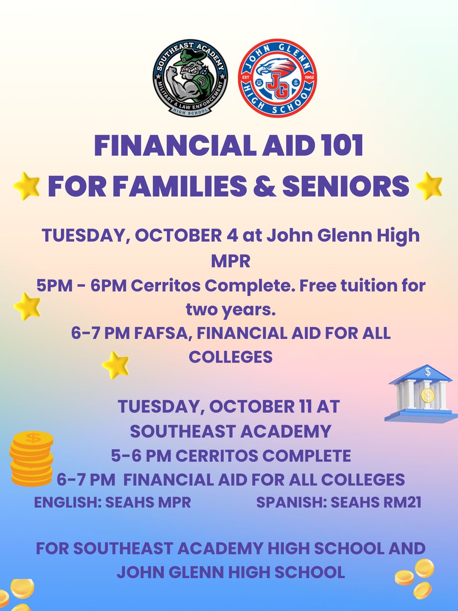 Class of 2023 and families, don't miss out! Learn about the many ways that college can be affordable. <a href="/msgt_h/">MSgt Schafer/Southeast Academy High School</a>