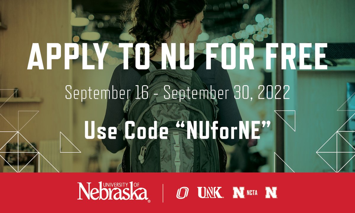 UNL is waiving the undergraduate admissions application fee for Nebraskans from Sept. 16 through Sept. 30. You can apply for FREE at go.unl.edu/apply—enter the code “NUforNE” in the “Application Fee Waiver Code” field at the end of the application.