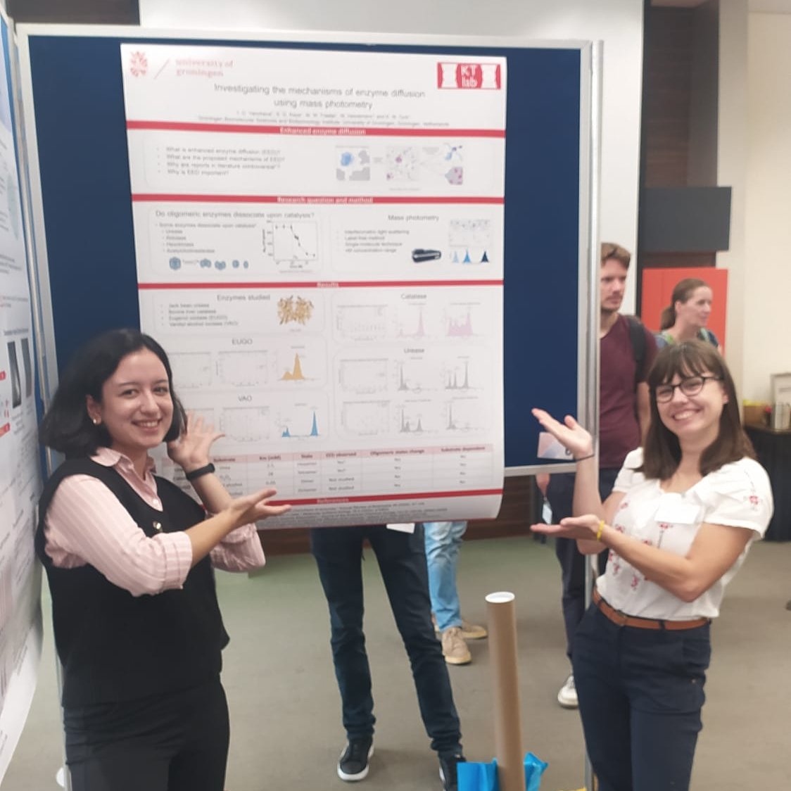 BiophysK's tweet photo. We had a great time presenting our work at the GBB symposium! Wonderful to see all of the exciting research being done at our institute @ResearchGbb @MembraneEnzymo1 @MagliaGiovanni @andreas_milias  @HeinemannLab @billerbeck_s @westernqueenn @CG_Martini @refeynit @LUMICKS_nl https://t.co/FIrYf0xjSc