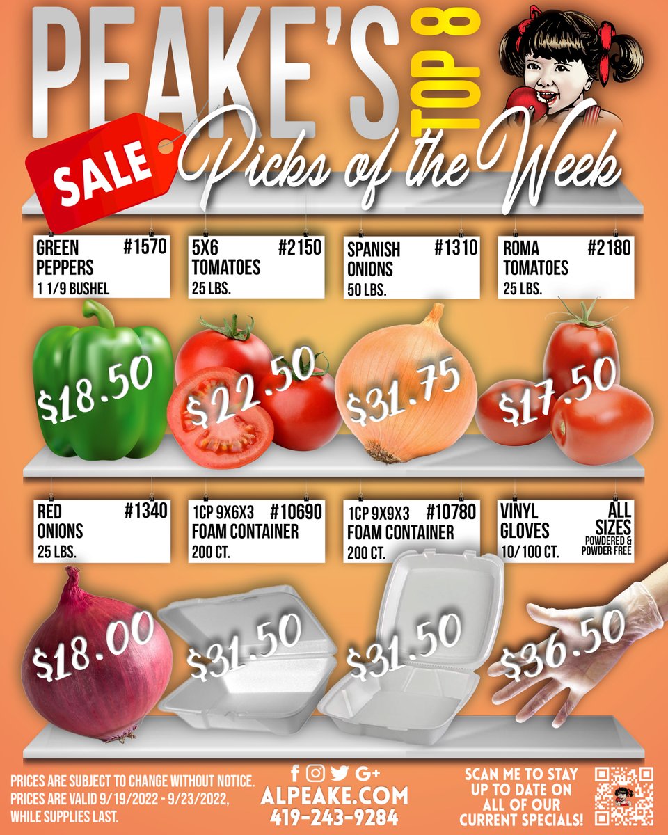 We just can't CONTAIN these prices!!😆

Here are the Peake's Picks for 9.19 - 9.23

The First Name in Family Food Service!
alpeake.com | 419.243.9284