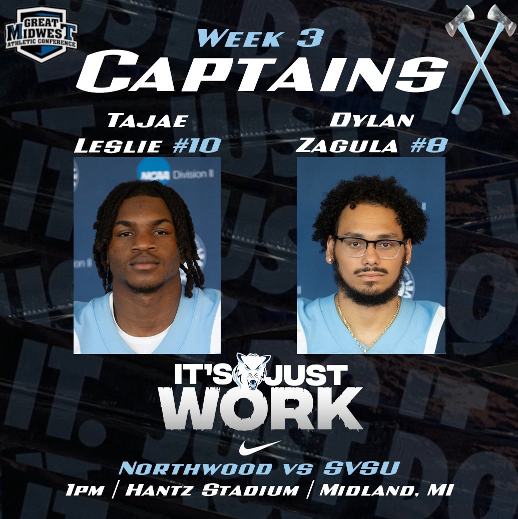 Your week 3 captains for the Axe Bowl are #10 WR Tajae Leslie from West Palm Beach, FL and #8 LB Dylan Zagula from Romulus, MI. See you all tomorrow at 1pm @ Hantz Stadium! #AxeBowl #PaintItBlue #RollTimbys #ItsJustWork 🐺