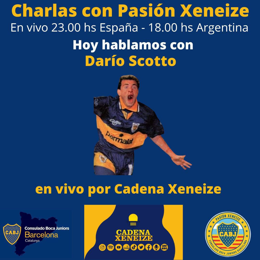 “Charlas con Pasión Xeneize” desde el Consulado de @BocaJrsOficial en Barcelona y para todos los Bosteros. @leandrovaldes12 y @Diego_MHG te traen a Darío Scotto. Los esperamos, en vivo por @Cadena_Xeneize 

#charlasconpasionxeneize #barcelona #boca #bocajuniors #consuladosbocajrs