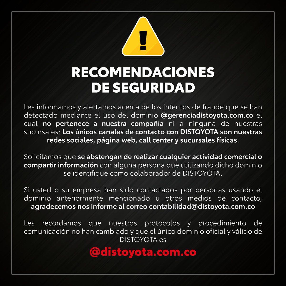 📣IMPORTANTE📣
A todos nuestros seguidores, clientes y proveedores tener presente la siguiente información. #distoyota #toyota