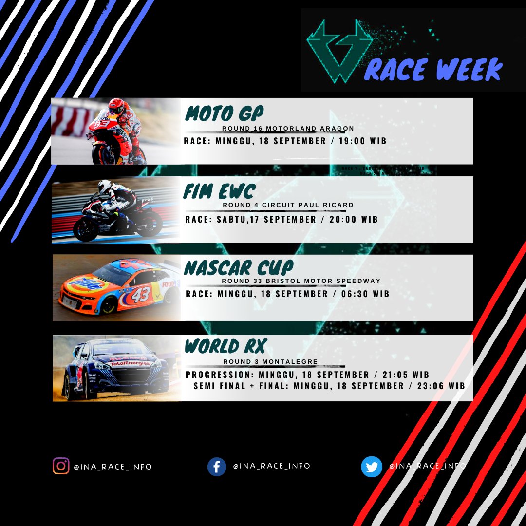 InaRaceInfo1's tweet photo. Berkut jadwal balap pekan ini,Cek ALT untuk informasi streamer
#motogp #fimewc #nascar #gpmania #worldrx #supergt #gtworldcheu #gt2europe #tcraustralia #formuladrift #gtworldchaus #copatruck #tcrsouthamerica #redbullrookiescup #raceweekend #balap https://t.co/RJUYw2AGU8