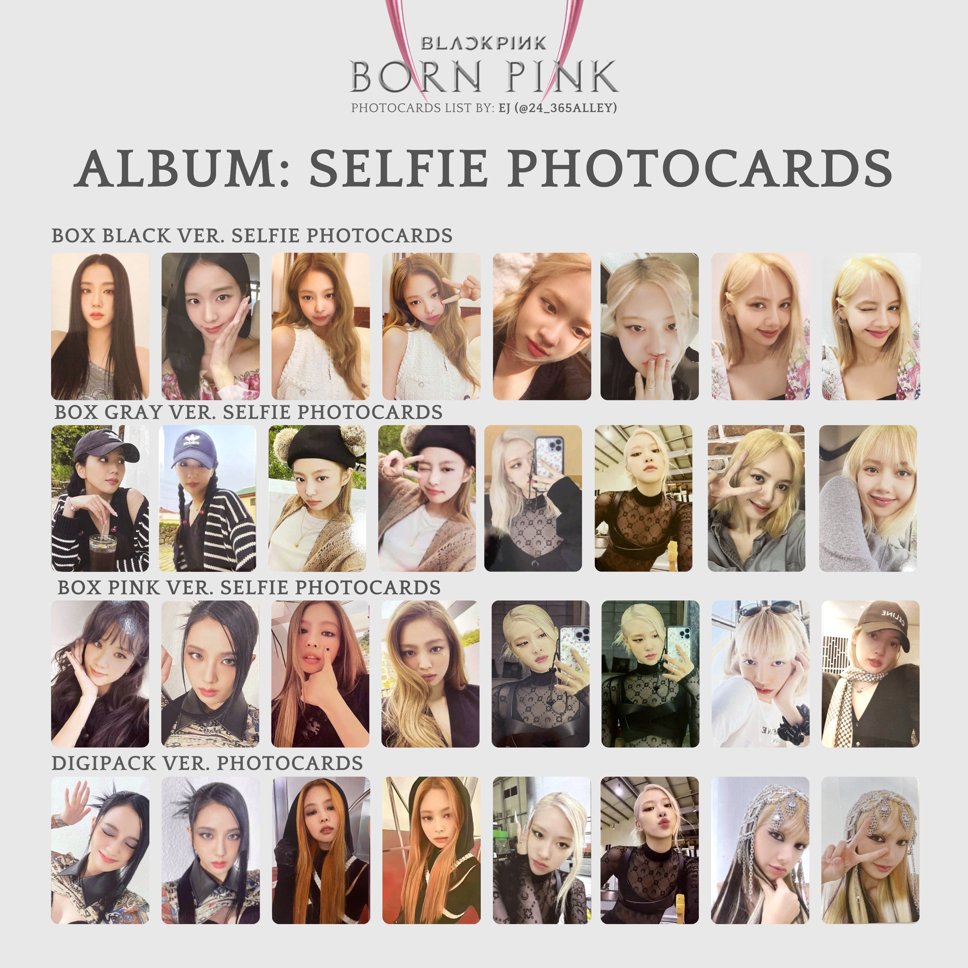 𝚎𝚓 🤍 on X: BLACKPINK BORN PINK PHOTOCARD LIST / TEMPLATE OT4 ALBUM:  SELFIE PHOTOCARDS complete list instant films & kit polaroids to follow🔜  🏷️ jisoo jennie lisa rosé 블랙핑크 포카리스트  /