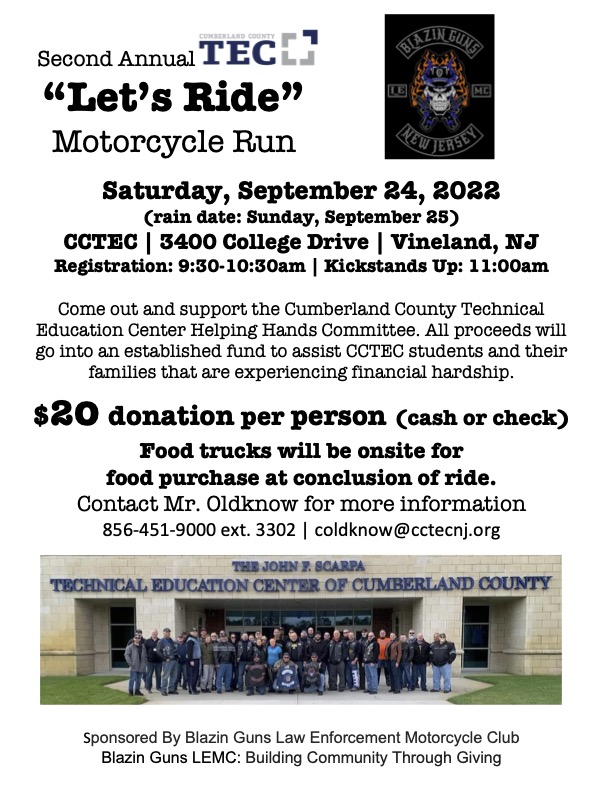 #CCTECNJ "Let's Ride" Motorcycle Run, all proceeds benefit the CCTEC Helping Hands Committee's fund to assist CCTEC students &amp; families experiencing financial hardship.