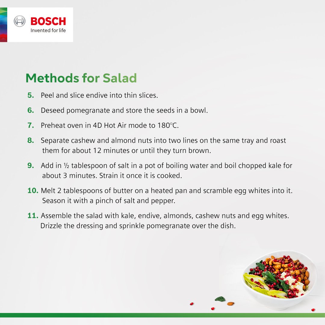 BoschHomeIn's tweet photo. Learn to make a healthy and delicious salad with our easy step-by-step guide. Bring out the chef in you with this pomegranate, kale and nuts salad recipe.
#BoschHomeAppliances #BoschHomeIndia #HomeAppliances #Technology #Innovation #Recipe #RecipePost https://t.co/G8msGK6TMI