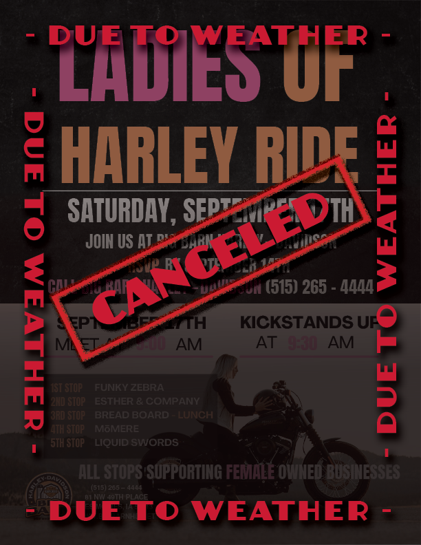 BigBarnHD's tweet photo. We apologize for the inconvenience this has caused. Unfortunately, we have canceled the Ladies Ride due to the strong possibility of rain. Please stay tuned for future emails &amp; attend other rockin' events with us! https://t.co/iqYdJp73ld