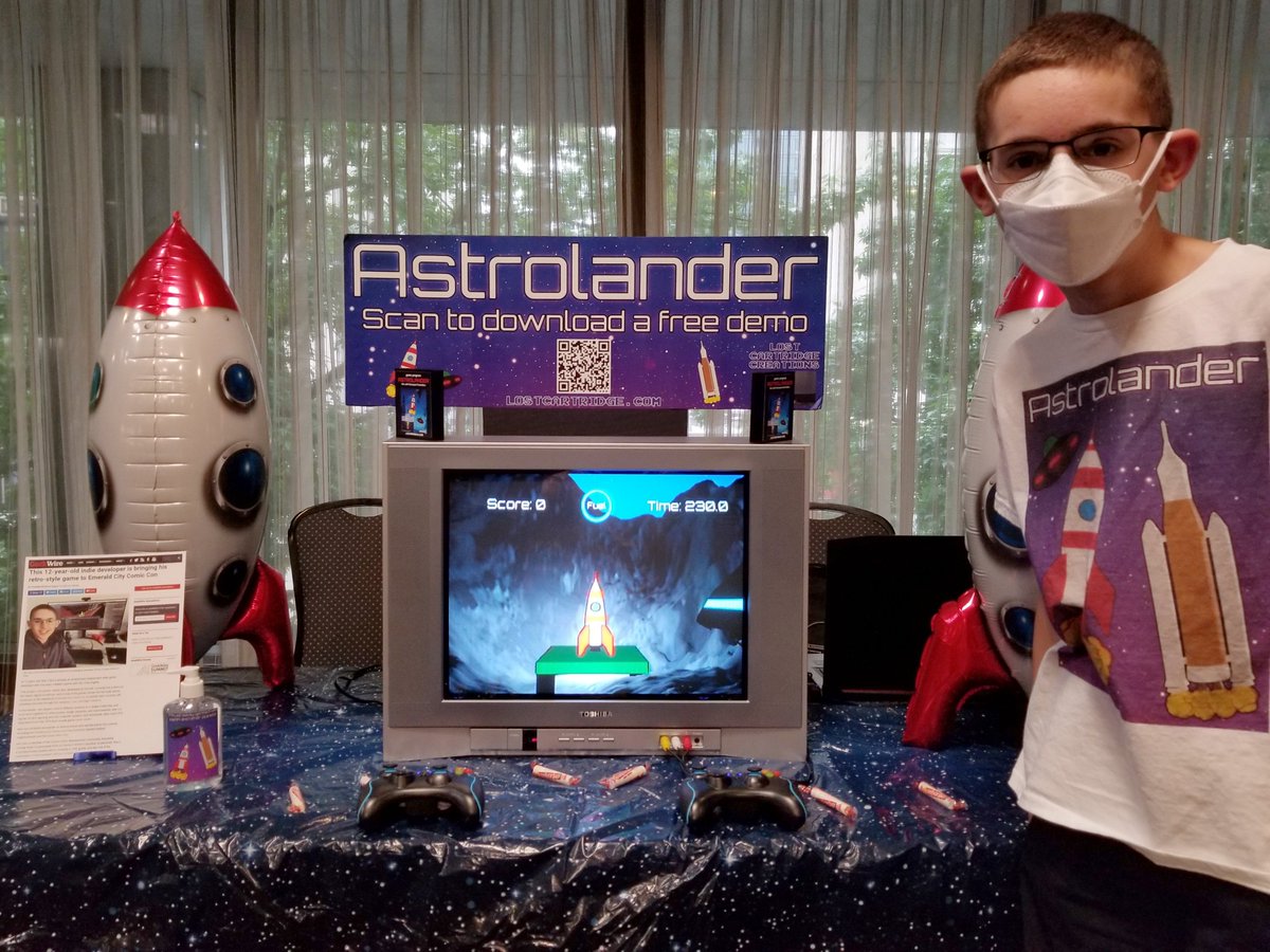 Lost_Cartridge's tweet photo. Play Astrolander @ #makerfairebellingham 🎮 Meet the 12-year-old dev, get a behind the scenes look at how Astrolander is being made in Unity &amp; Blender, &amp; hear his talk, “Journey of a 12-year-old indie game developer”.

https://t.co/E1Lpp4qZZR

#seattleindies #indiegames #indiedev https://t.co/2HxL7WYOFD