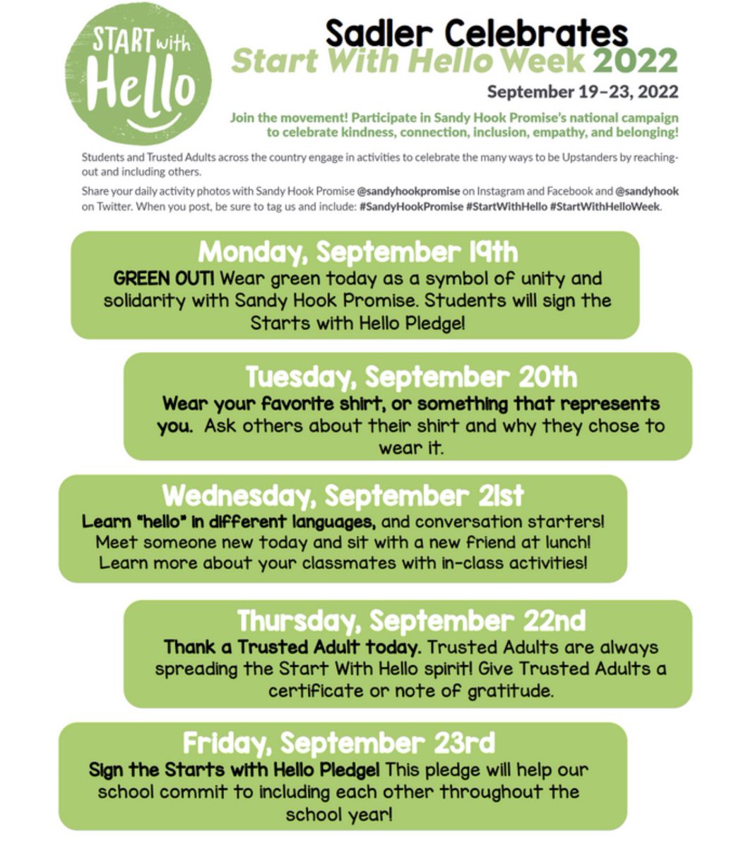 SadlerOCPS's tweet photo. Next week Sadler will be celebrating Start with Hello week! 💚👋🏼 #sandyhookpromise #startwithhello #makingmustangmagic #sadlerstrong @RachelM0tt https://t.co/ro4wmDcmIF