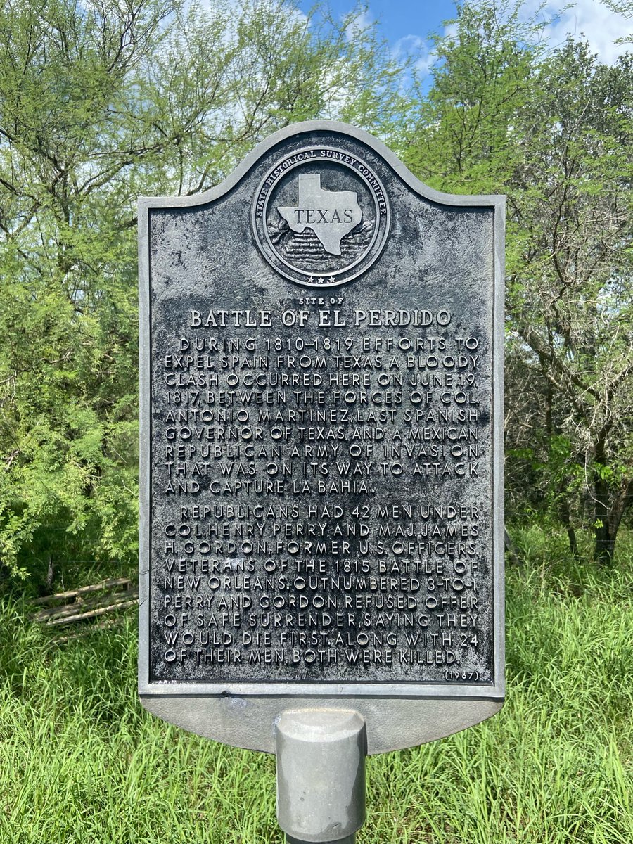 TexHistMarkers's tweet photo. Site of Battle of El Perdido
On this Day in 1817
Goliad County, Texas
Location: 28.7099532, -97.2324921
#Texas #History #TexasHistory #Goliad #GoliadCounty #ElPerdido #OTD https://t.co/qDuUKCpGRX