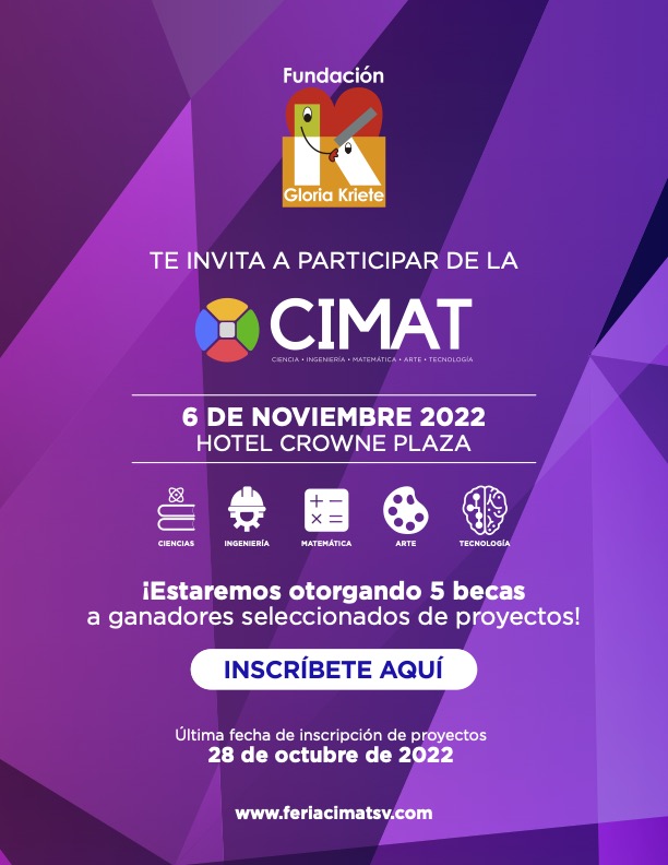 Como <a href="/fgk_sv/">fgk_sv</a> estamos apoyando la Feria Nacional de Ciencia, Ingeniería, Matemáticas, Arte y Tecnología (<a href="/cimatsv/">Feria CIMAT</a>). Un encuentro organizado por y para estudiantes para reconocer y premiar a estudiantes de 9no a Bachillerato con proyectos innovadores en las disciplinas CIMAT. 🚀