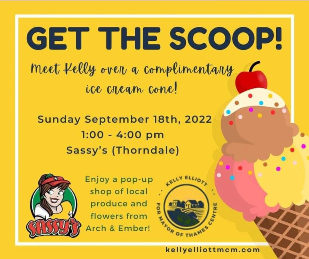 I look forward to seeing everyone on Sunday at my “Get The Scoop” event at Sassy's from 1-4pm for a free ice cream cone and talk about the issues! I’m also excited to have Arch & Ember Garden Fare join as a great collaboration for you to pick up local produce! #TeamElliott