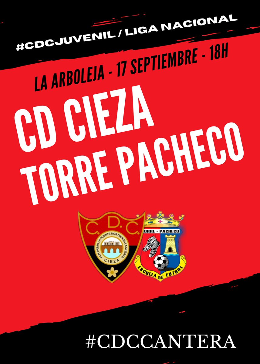 cdcieza_'s tweet photo. JUVENIL | 🔴⚫️

¡Nuestro #CDCJuvenil juega en #LaArboleja! ¡Este sábado todos con la cantera!

🆚️ @EFTorrePacheco a las 18h.

#CDCCantera https://t.co/tpe1to94co