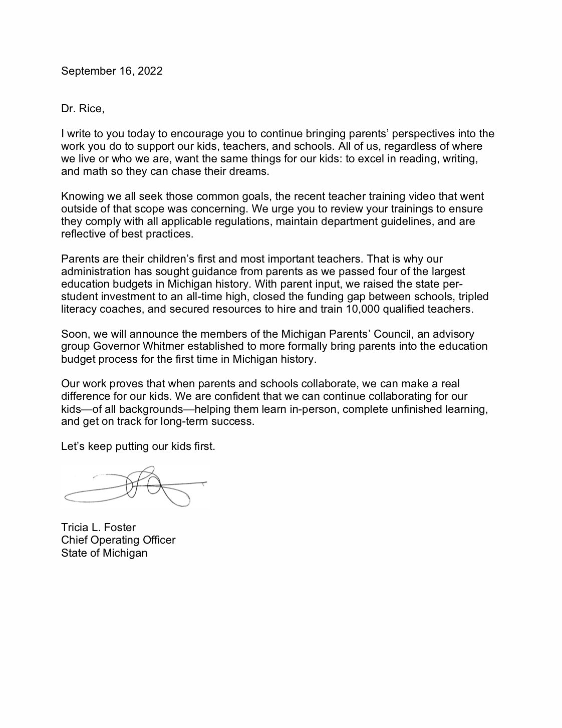 Grant Hermes on Twitter: "Here's Whitmer's COO letter to MDE after recent  stories about so-called “radical gender theory” and teacher training videos  about trans or trans-exploring students. Tudor Dixon put out a