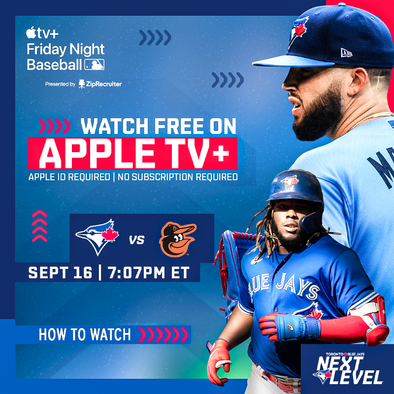 BlueJays's tweet photo. Almost time for #FridayNightBaseball.

Here's how to watch us FREE on @AppleTVPlus tonight 👇