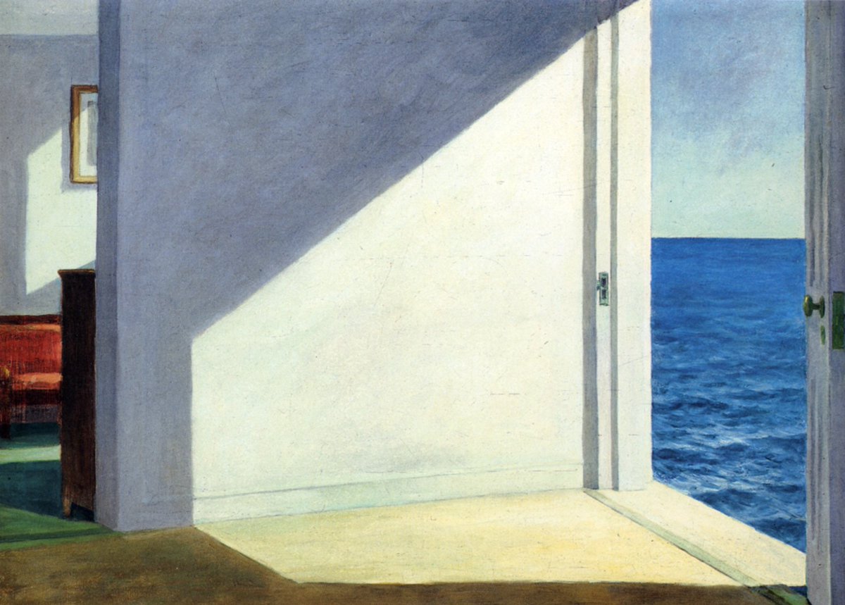 wannartcom's tweet photo. "Dalgalı bir denizin önünde oturup ürperilen, dalıp gitmelerin arada sırada sakin bir muhabbetle kesildiği bir gece ya da sabaha karşı boşluğun dingiliği."

Edward Hopper'ın "Rooms By The Sea" isimli eseri. (1951) https://t.co/ZDsAQuUonz