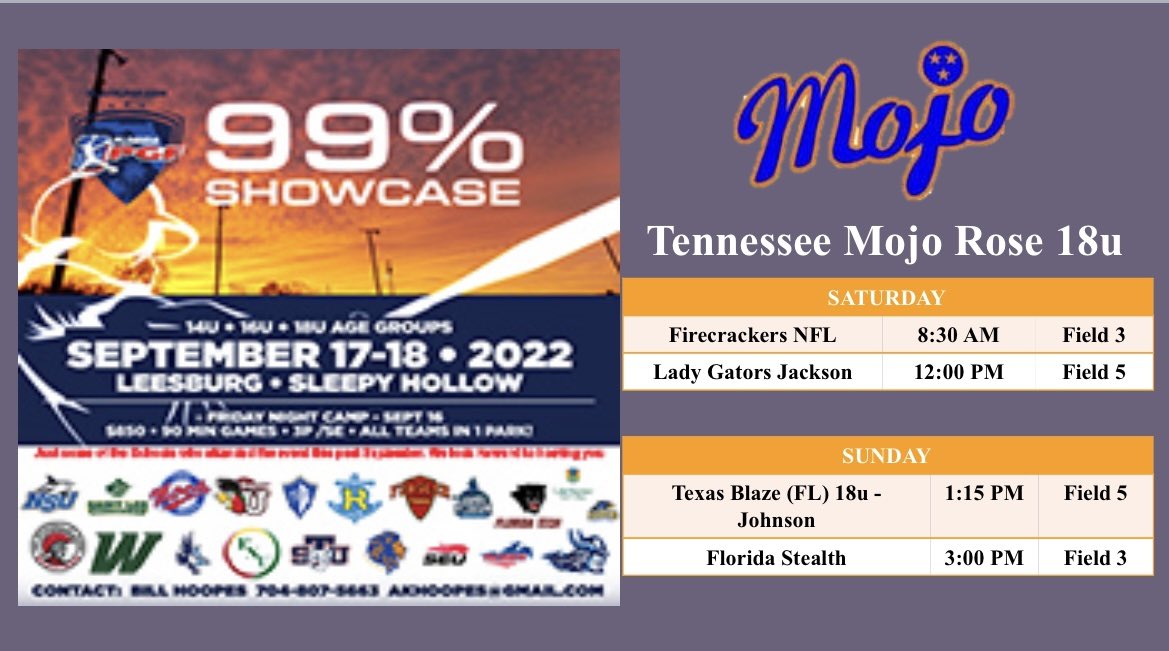 AriDiazJimenez's tweet photo. My team @tnmojo_rose  and I will start our fall season as 18u, this weekend at @pgf 99% Showcase in Leesburg, FL. Excited for the season. Here is our weekend schedule: 🧡💙 https://t.co/KwdTE3BSjn