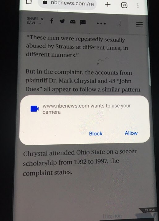 Hey <a href="/NBCNews/">NBC News</a> any idea while reading an article on my phone wants access to my camera ?? #eff #privacy