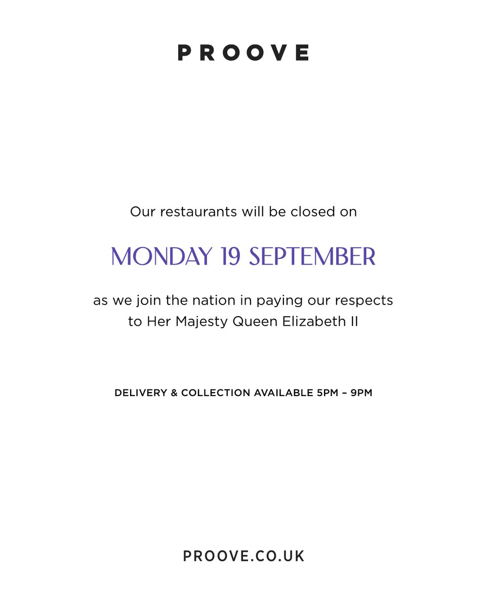 On Monday 19th September, our restaurants will be closed as our team will be with their friends and family paying their respects to our late Queen Elizabeth II and the Royal Family. However, there will be a delivery and collection service from 5pm until 9pm.