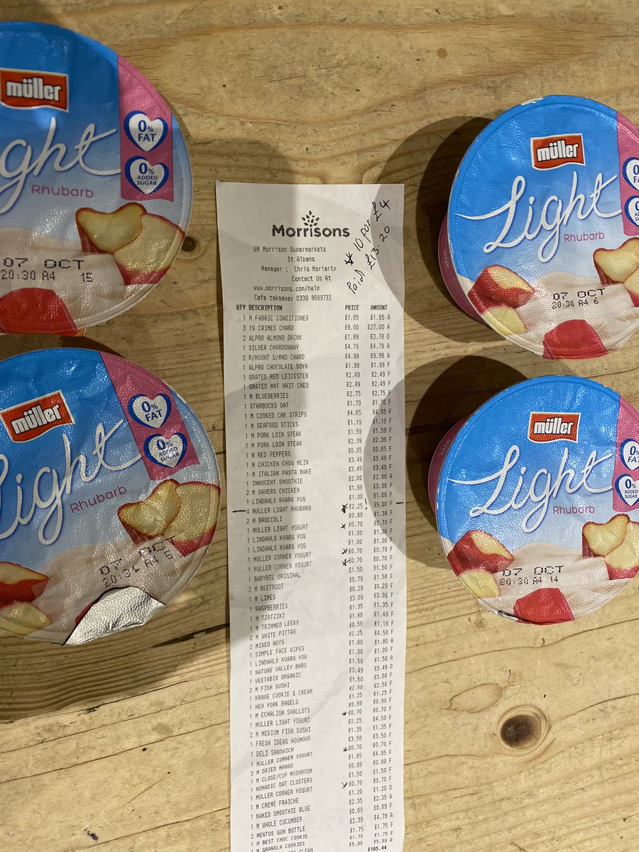 becsrobertson's tweet photo. @Morrisons took advantage of 10 Muller Yoghurts for £4 on Tues,receipt shows I’ve actually been charged  £13.20 for 10.£2.25 each for 4 rhubarb ones. Absolutely disgraceful and I feel sad for those who don’t check receipts. DM Response  asked for barcode, no offer of refund 😡 https://t.co/a2wdCvhVA7