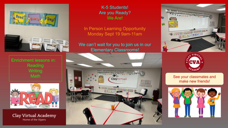 cvavipers's tweet photo. Great things are happening for our K-5 students. Hope to see you Monday at Clay Virtual. #cvavipers #thisishowwevirtual #wingsup #oneclay https://t.co/Q4R1UJmTBq