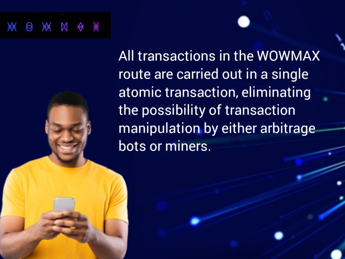 Mizter_AB's tweet photo. All transactions in the @WowmaxExchange route are carried out in a single atomic transaction, eliminating the possibility of transaction manipulation by either arbitrage bots or miners.
#WowMax #WowSwap #DeFi #web3 #Crypto #Dex https://t.co/YwKZZkZmON