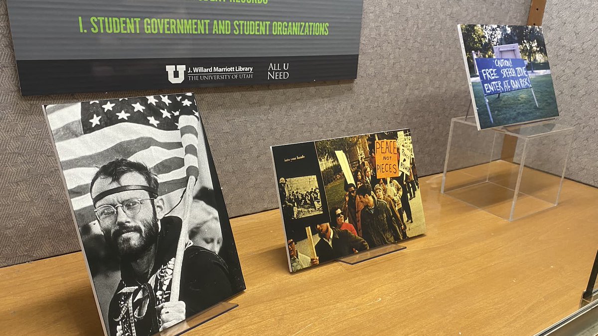 MarriottLibrary's tweet photo. From a student bill of rights to organized protests &amp; sit-ins, @UUtah students have practiced free speech and academic freedom rights. Some of these can be seen in the original historical documents displayed in this new exhibition on level 2, "Practicing Freedom at the U of U" https://t.co/ByJ1HMDI0G