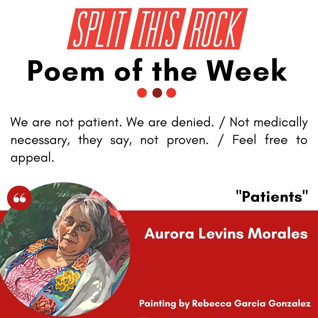 Content Notice: ableism &amp; medical trauma

We are not patient. We are denied. / Not medically necessary, they say, not proven. / Feel free to appeal.

Poem of the Week is "Patients" by Aurora Levins Morales. #Poem as audio &amp; text: bit.ly/3d9RTRi
#PoemoftheWeek #poetry