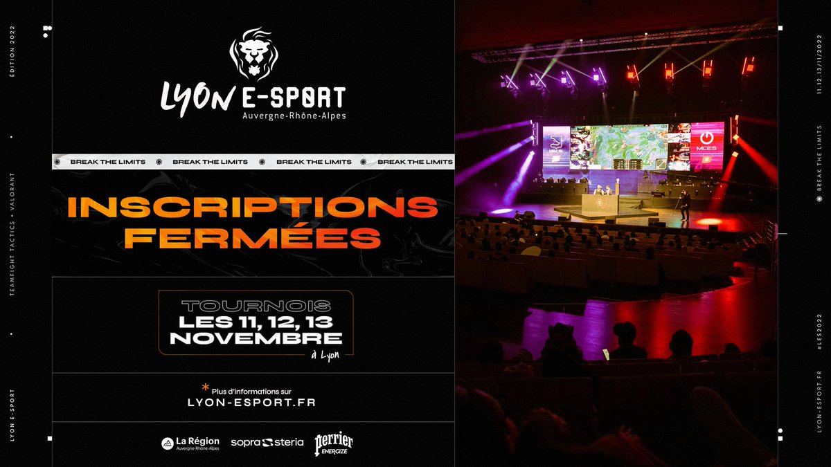 Vous avez encore été très nombreux à tenter de vous inscrire à nos tournois, ils sont désormais complets !

Merci pour votre confiance, nous avons hâte de vous retrouver🔥

Pour ceux qui n'ont pas eu de place, vous pouvez vous inscrire en liste d'attente : lyon-esport.fr/liste-attente/