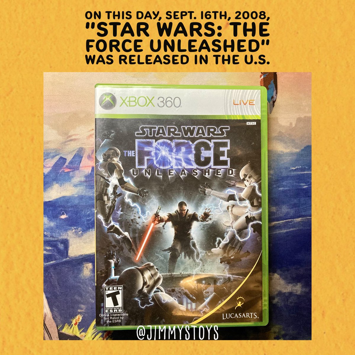 Jimmystoys's tweet photo. On this day, September 16, 2008, #StarWarsTheForceUnleasher was released in the U.S.  This game focuses on #Starkiller, #DarthVader’s #SecretApprentice, and for the time, revealed the origins of the #RebelAlliance.

#Xbox360 #XBox #ThisDayinGaming #VideoGameHistory https://t.co/xOHcEDRFbo