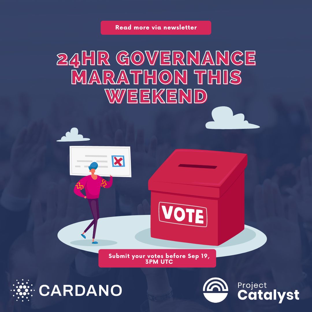 It's Friday, #Cardano🍻

✅ Time to load insights from #ProjectCatalyst &amp; #Governance. 

👉 F9 vote finale, 24h governance marathon &amp; more updates. Catch all via issue #52:
🔗 mailchi.mp/iohk/catalyst-…

Have a grand weekend ahead. ❤️ #ada