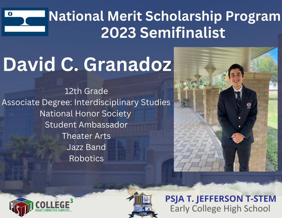 PSJA Jefferson TSTEM (@psja_tstem) on Twitter photo Congratulations to our National Merit Scholarship Program 2023 Semifinalist David C. Granadoz! 🎉🎉🎉 David is 1 of 8 students selected from the RGV and the only one for PSJA. Way to Go David! 💙⚡️#TitanProud
<a href="/Drjlarredondo/">Jorge L. Arredondo</a> <a href="/DrRudyTrevino/">Dr. Rudy Treviño</a> @DrLindaUribe <a href="/sillizc/">SLizcano</a> <a href="/advisorcgarcia/">PSJA CTS</a> Congratulations to our National Merit Scholarship Program 2023 Semifinalist David C. Granadoz! 🎉🎉🎉 David is 1 of 8 students selected from the RGV and the only one for PSJA. Way to Go David! 💙⚡️#TitanProud
<a href="/Drjlarredondo/">Jorge L. Arredondo</a> <a href="/DrRudyTrevino/">Dr. Rudy Treviño</a> @DrLindaUribe <a href="/sillizc/">SLizcano</a> <a href="/advisorcgarcia/">PSJA CTS</a>