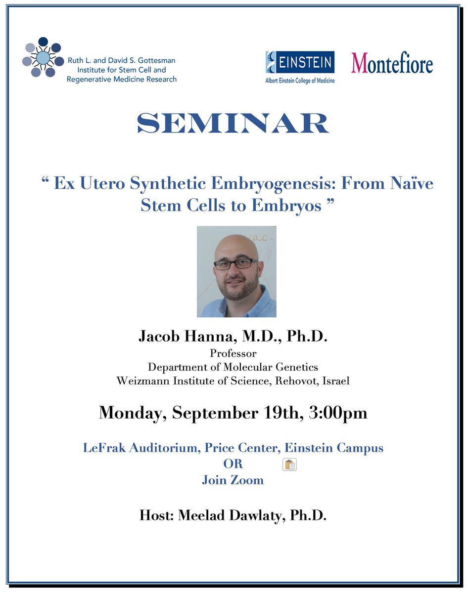 We are excited to host Dr. Jacob Hanna @jacob_hanna from @WeizmannScience for an in-person seminar on 9/19, Monday!